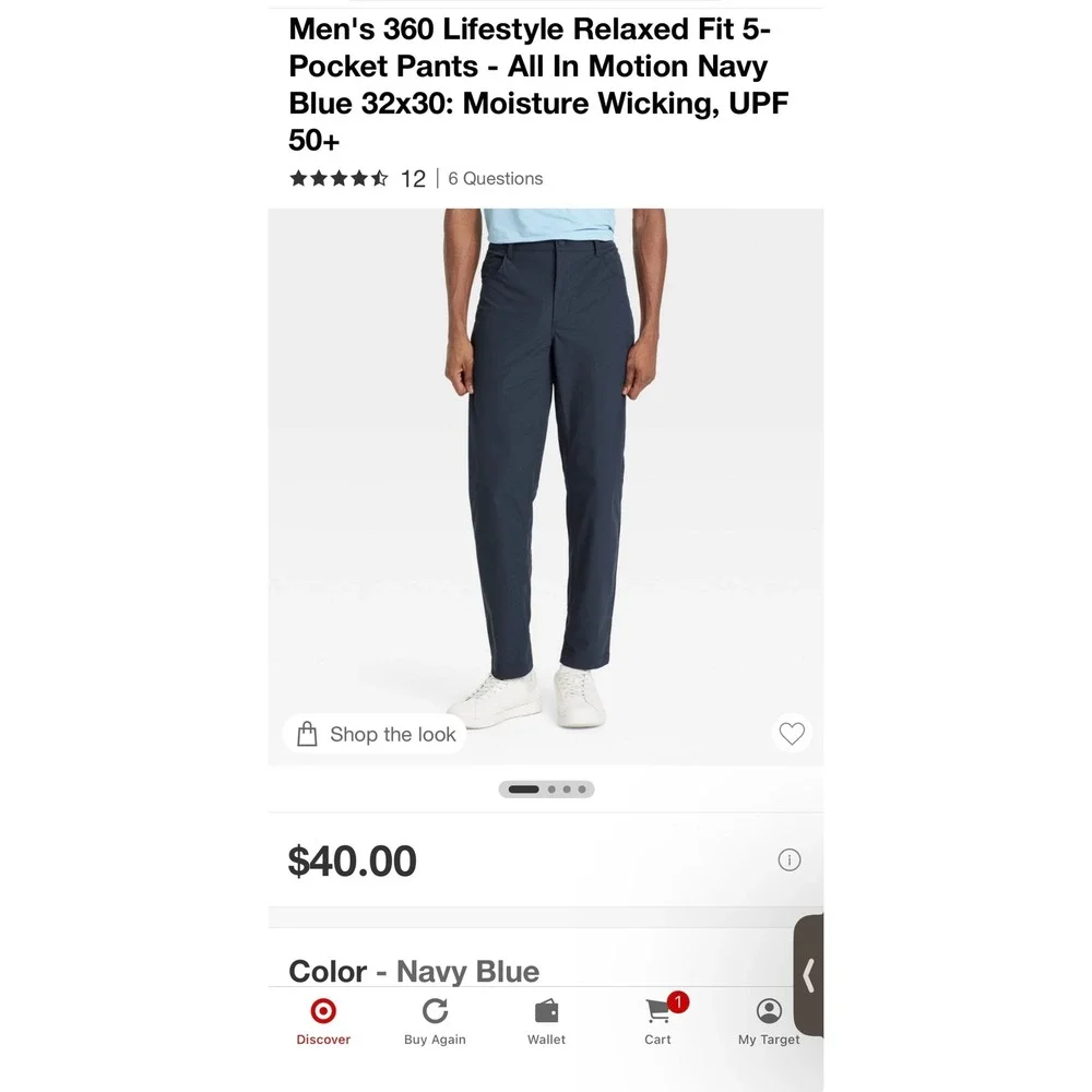 All In Motion Mens 360 Lifestyle Relaxed Fit 5-Pocket Pant Navy Blue 32x30 UPF50